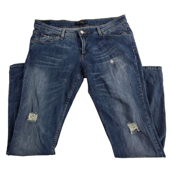 Levis Too Superlow 524 Jeans Medium Wash Blue Distressed Womens Denim - Picture 1 of 10